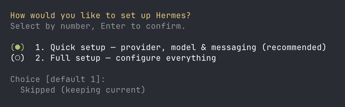 Hermes setup wizard showing Quick setup and Full setup options